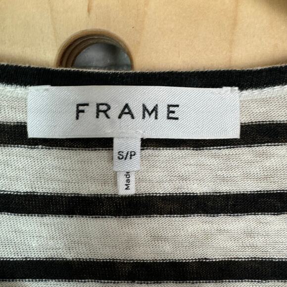 Frame Women’s Crewneck Striped White Black Linen Top w/ Ruffled Trim Size Small - Picture 5 of 6
